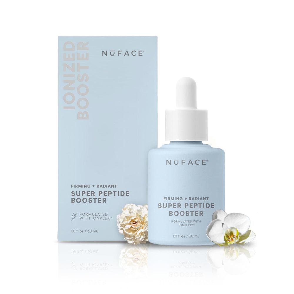 NuFACE Super Peptide Booster bottle close-up demonstrating premium serum texture for nourished skin