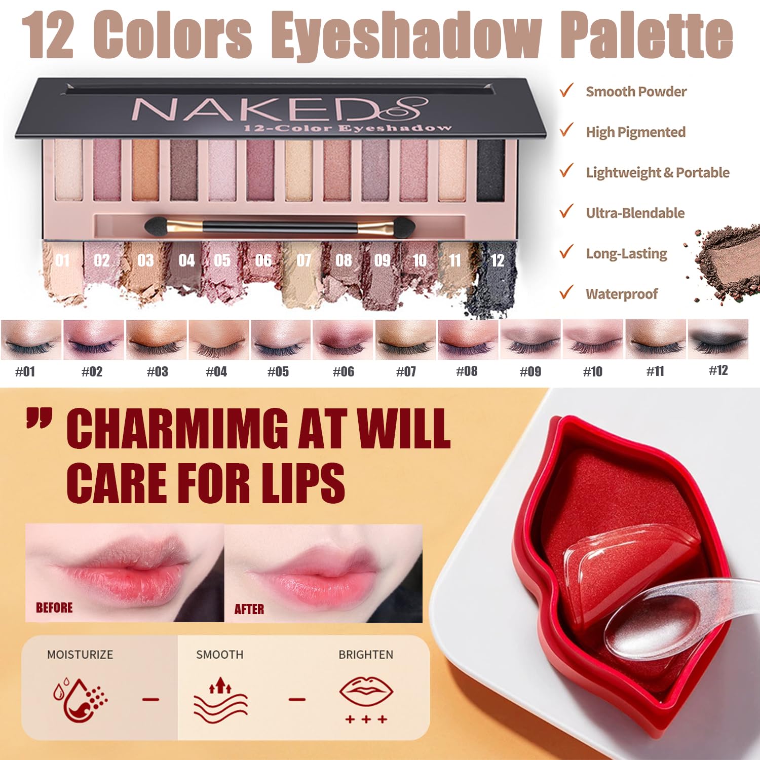 NUIBO All-in-One Makeup Kit eyeshadow palette close-up with vibrant colors.