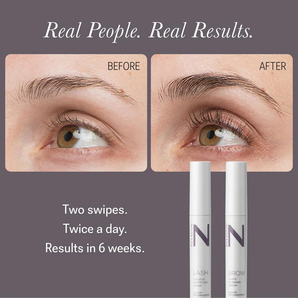 NULASTIN brow serum tube application on brows for fullness.