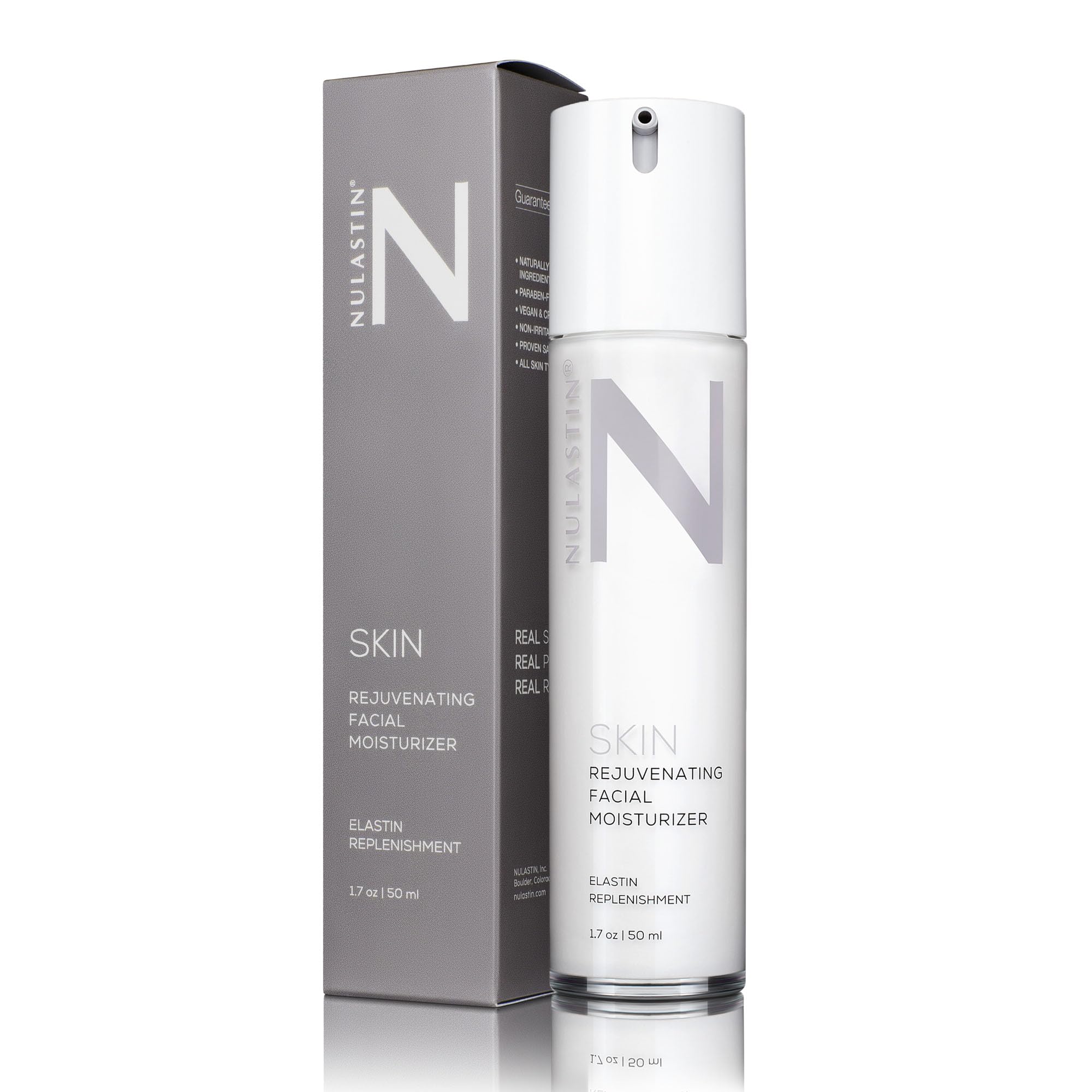 NULASTIN Hydrating Face Moisturizer bottle close-up highlighting Elastaplex for smoother skin.