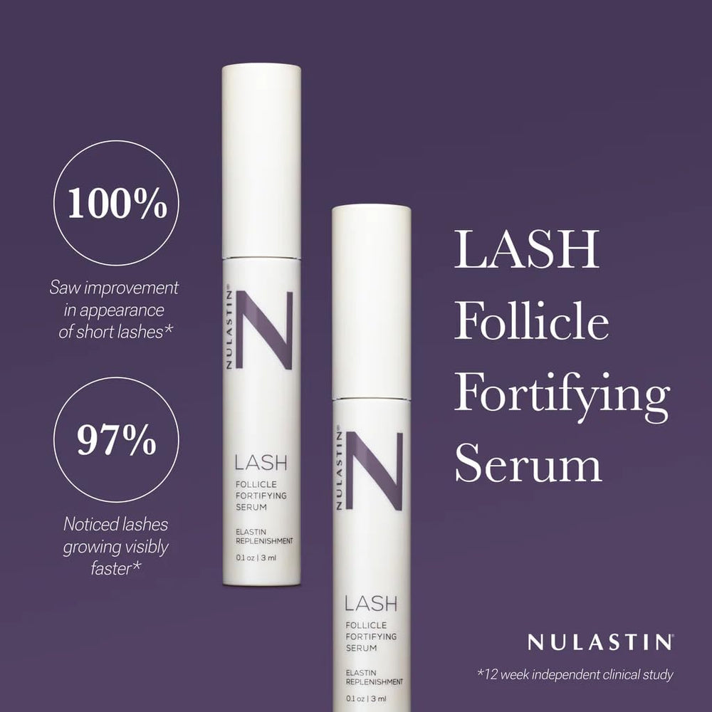 Close-up of the NULASTIN serum tube and wand suggesting lash vitality.