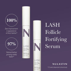 Close-up of the NULASTIN serum tube and wand suggesting lash vitality.