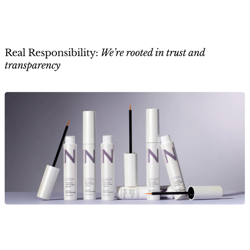 NULASTIN serum on vanity with mirror and potential longer-looking lashes.