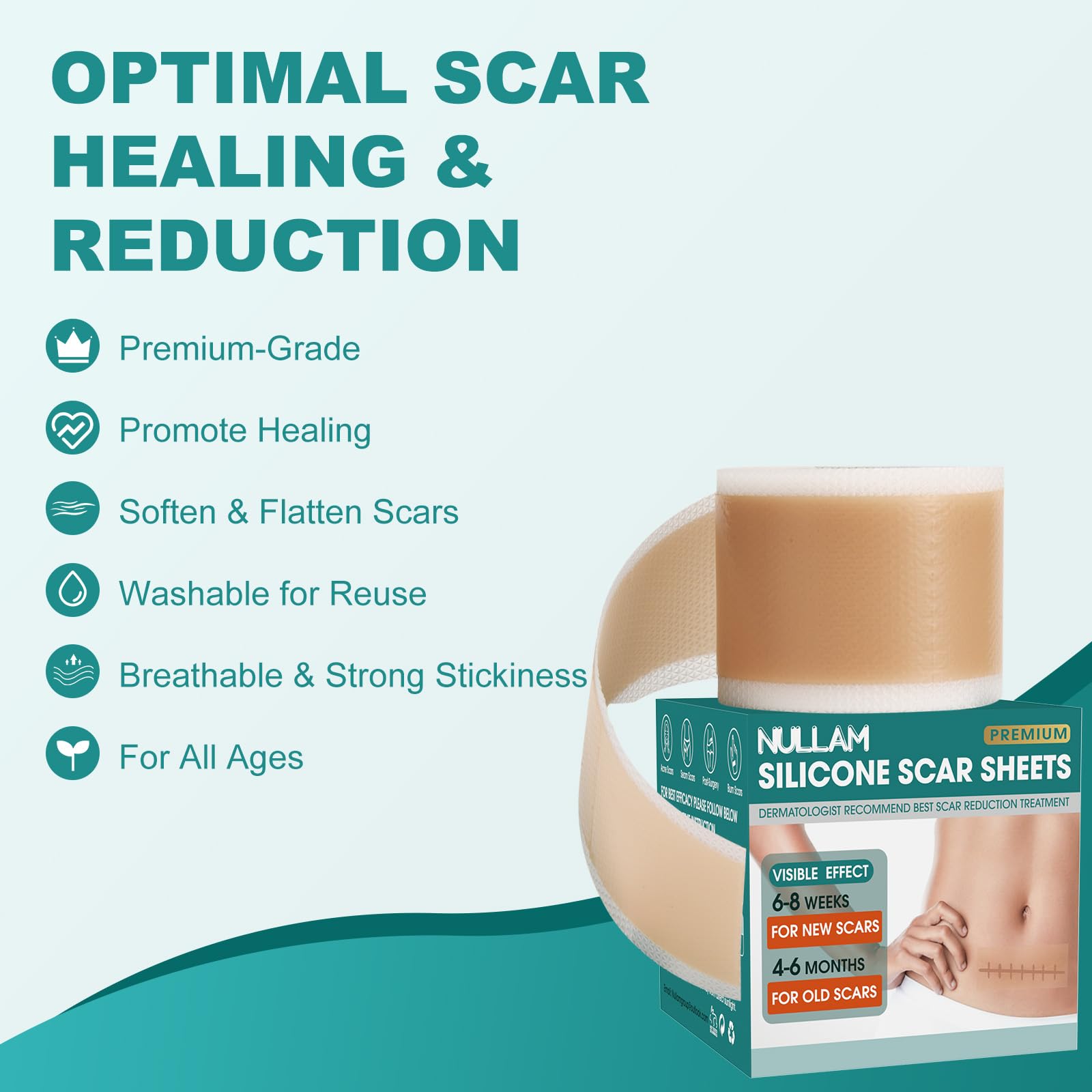 Nullam silicone scar tape on skin during application for discreet coverage.