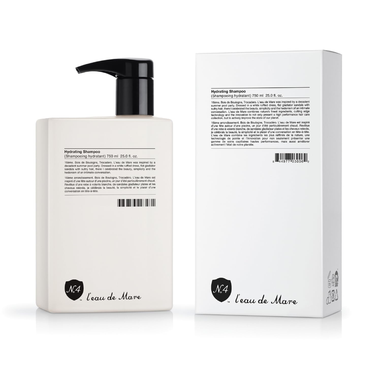Number 4 Hydrating Shampoo bottle closeup highlighting a moisturizing formula for soft, shiny hair.