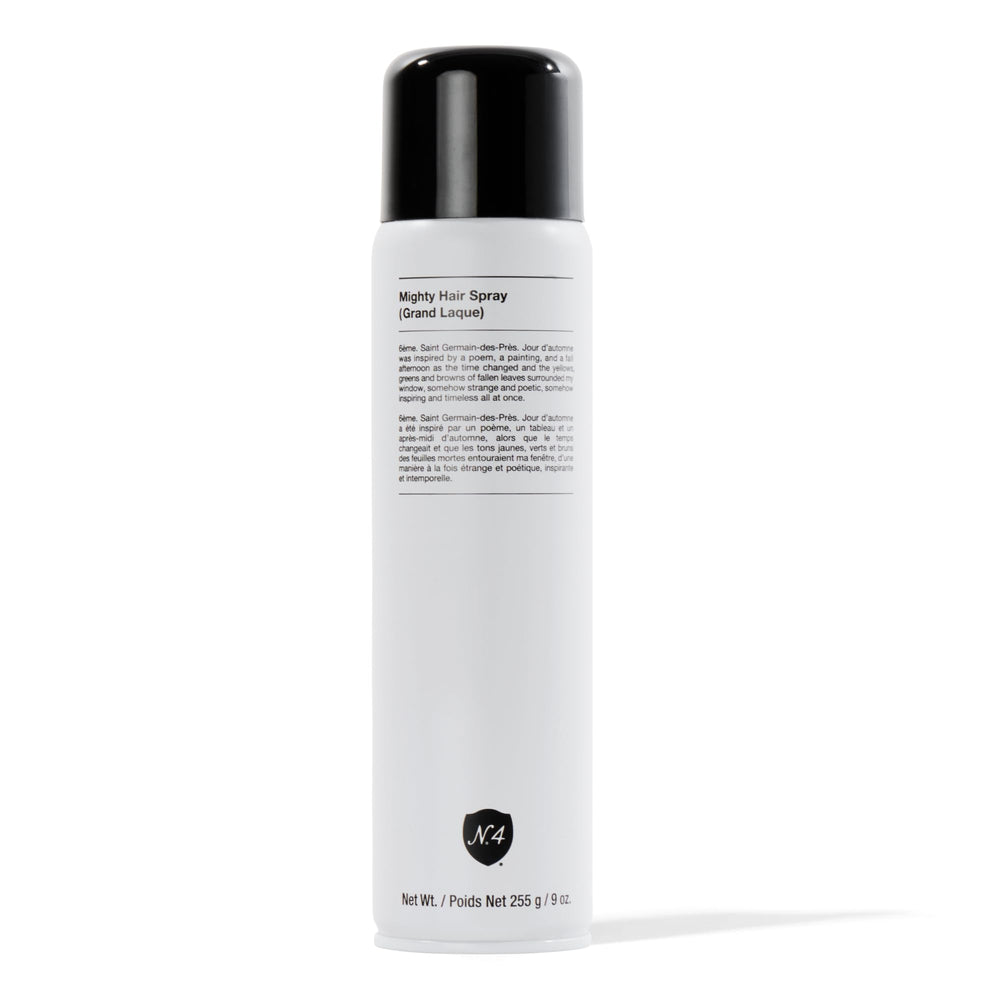 Number 4 Mighty Hair Spray bottle shown, delivers flexible, brushable hold.