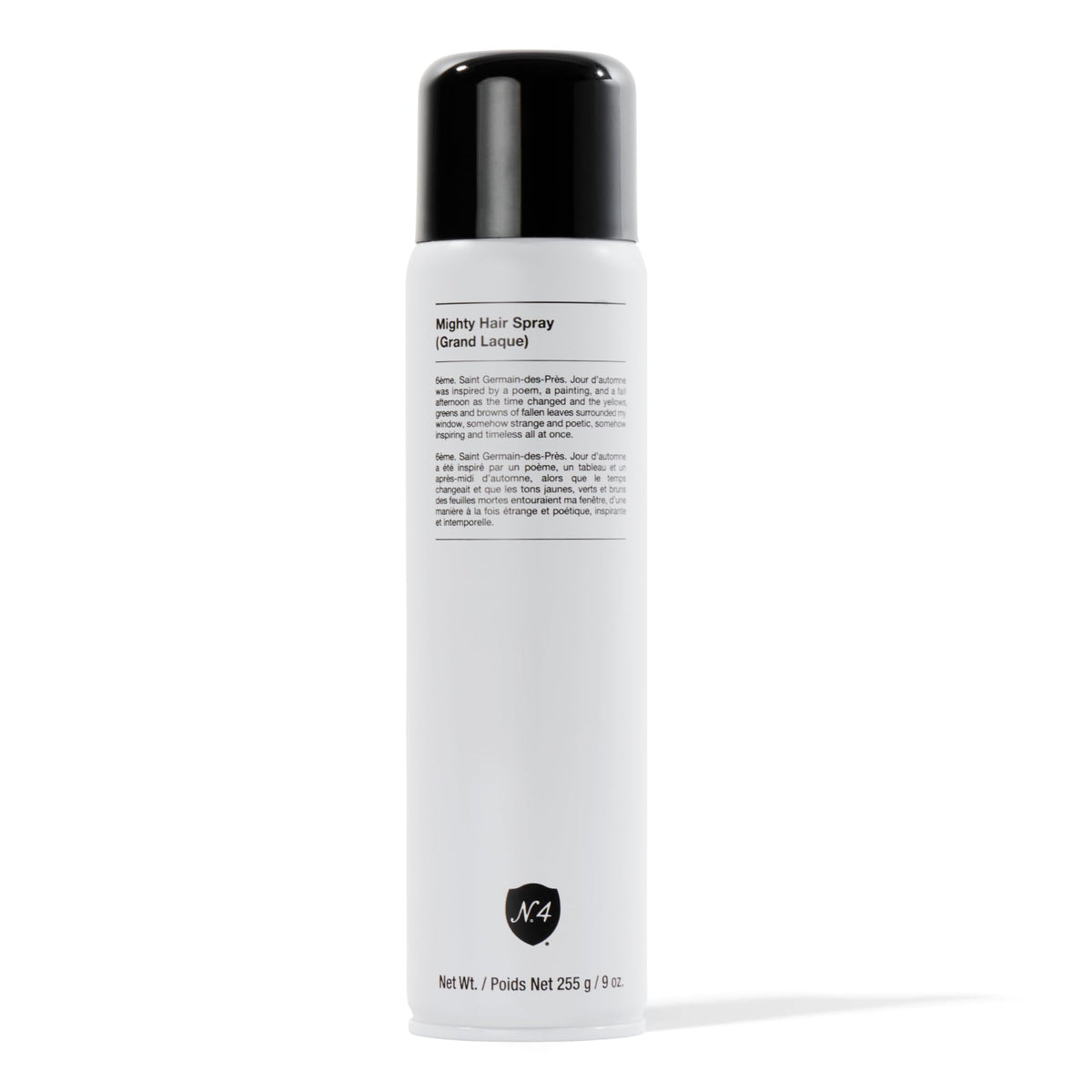 Number 4 Mighty Hair Spray bottle shown, delivers flexible, brushable hold.