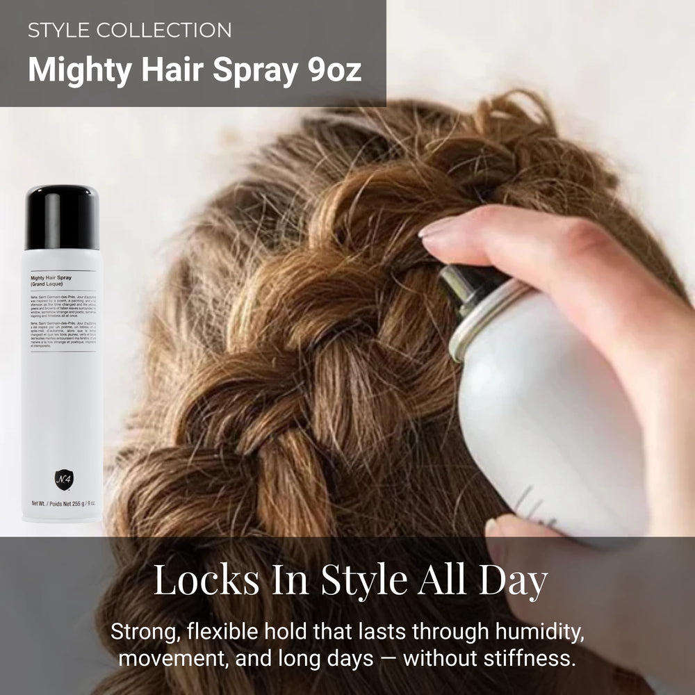 Number 4 Mighty Hair Spray fine mist for lasting styling.