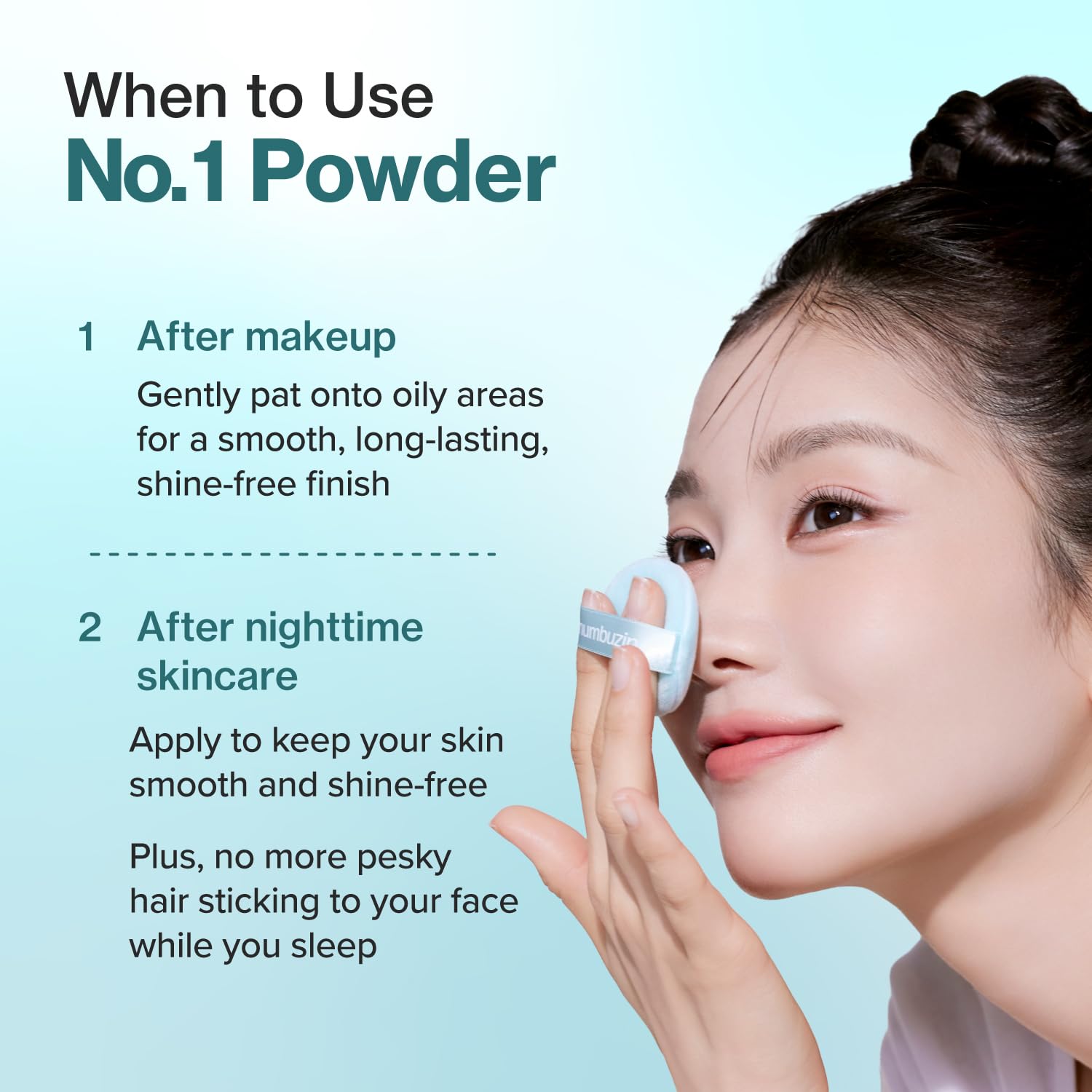 Numbuzin No.1 Powder ingredient graphic highlights silica, pantothenic acid, and cica.