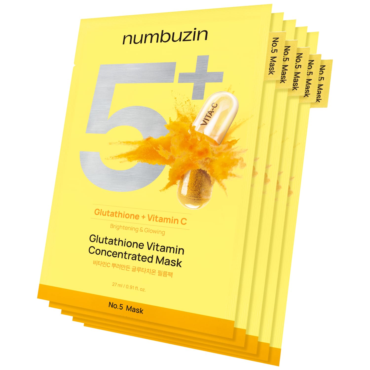 Numbuzin No.5 sheet mask box front showing premium packaging and glow