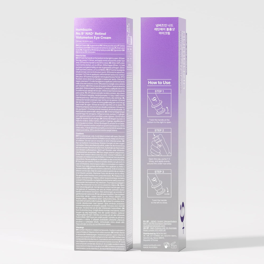 Numbuzin No.9 NAD+ Retinol Eye Cream hydrates skin under the eyes for a dewy finish.