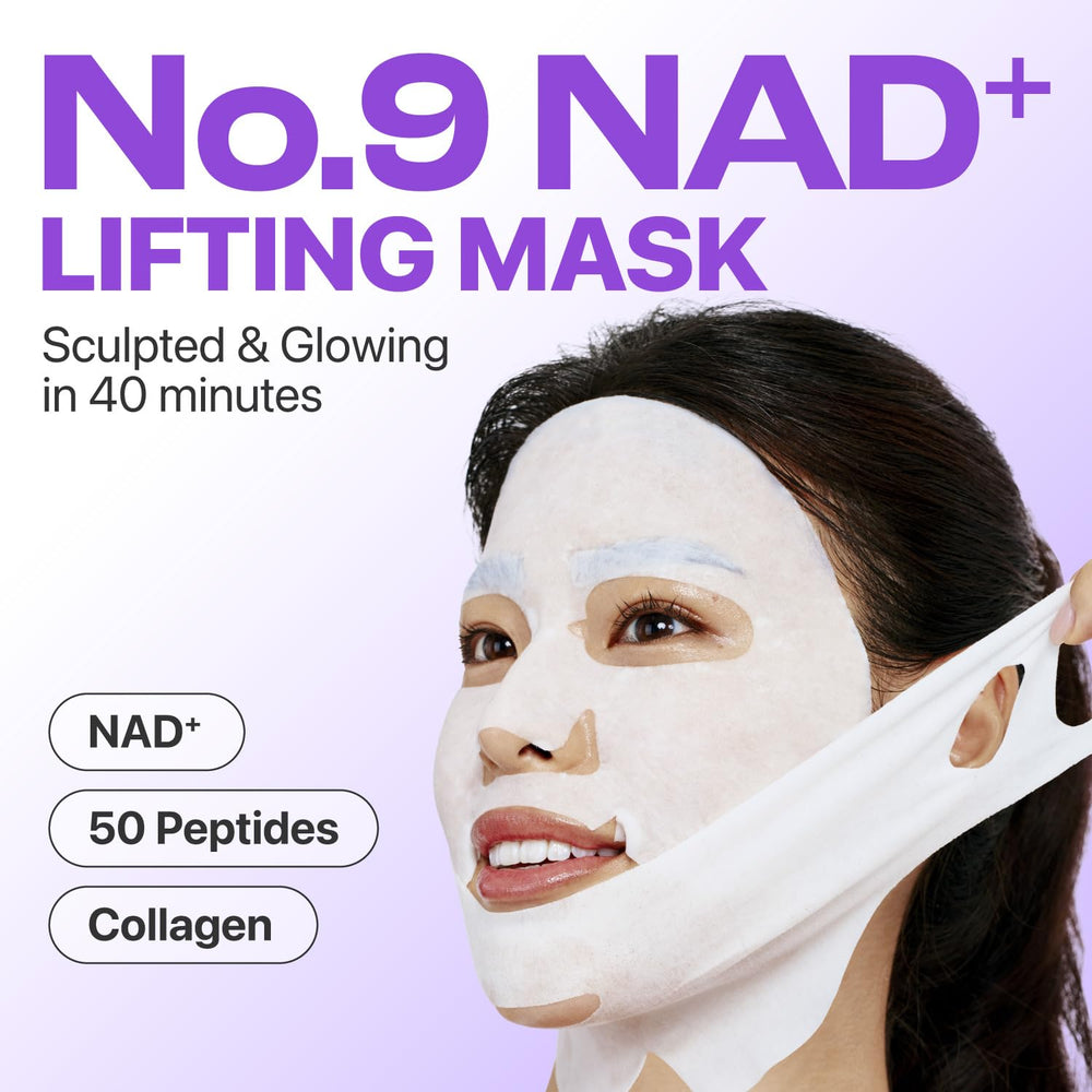 Numbuzin No.9+ NAD+ mask applied with lifting band for secure fit and firming feel