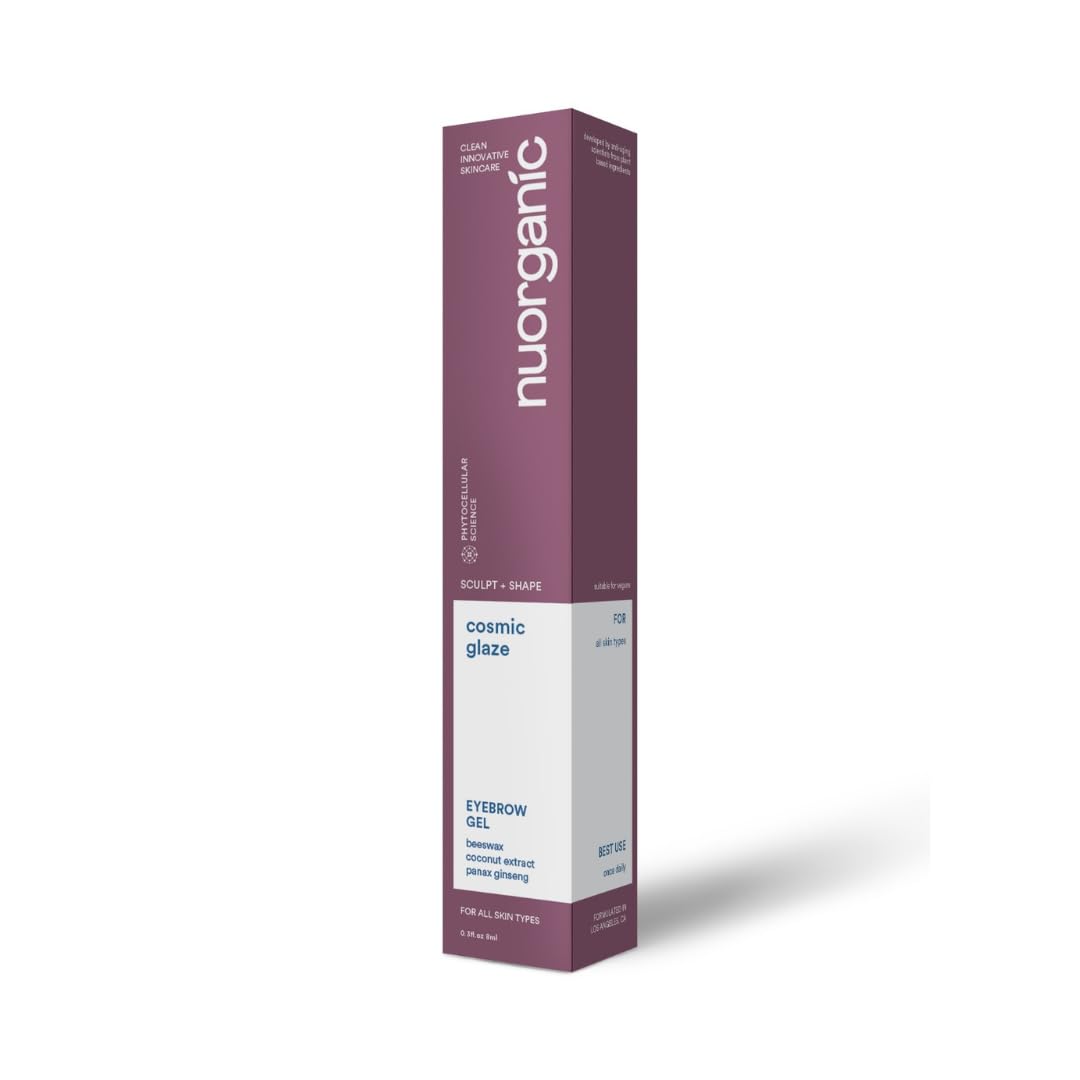 NuOrganic Brow Gel Clear bottle shows a lightweight, transparent formula for easy daily brow shaping.