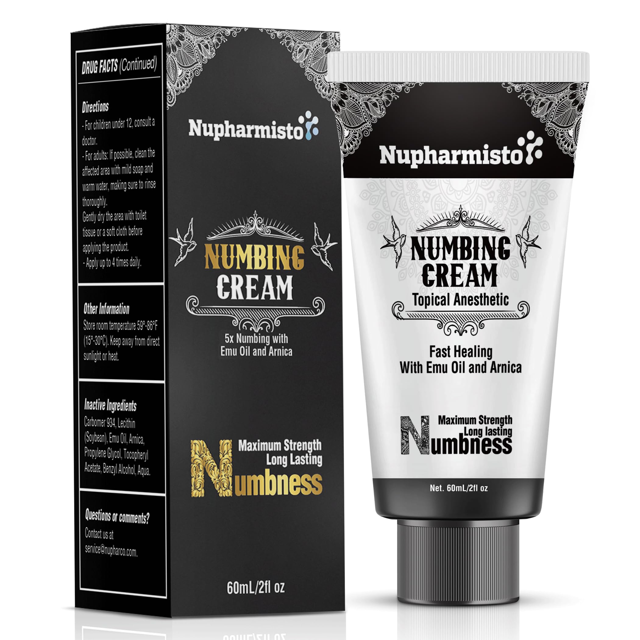 Nupharmco Numbing Cream Maximum Strength packaging showing sleek design for long-lasting comfort.