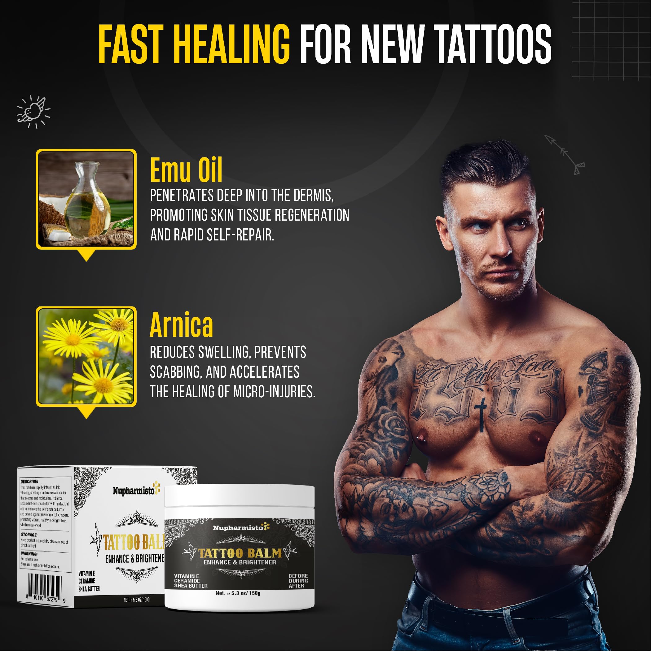 Nupharmisto balm applied to skin around a healed tattoo area.