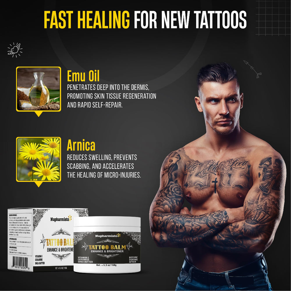 Nupharmisto balm applied to skin around a healed tattoo area.