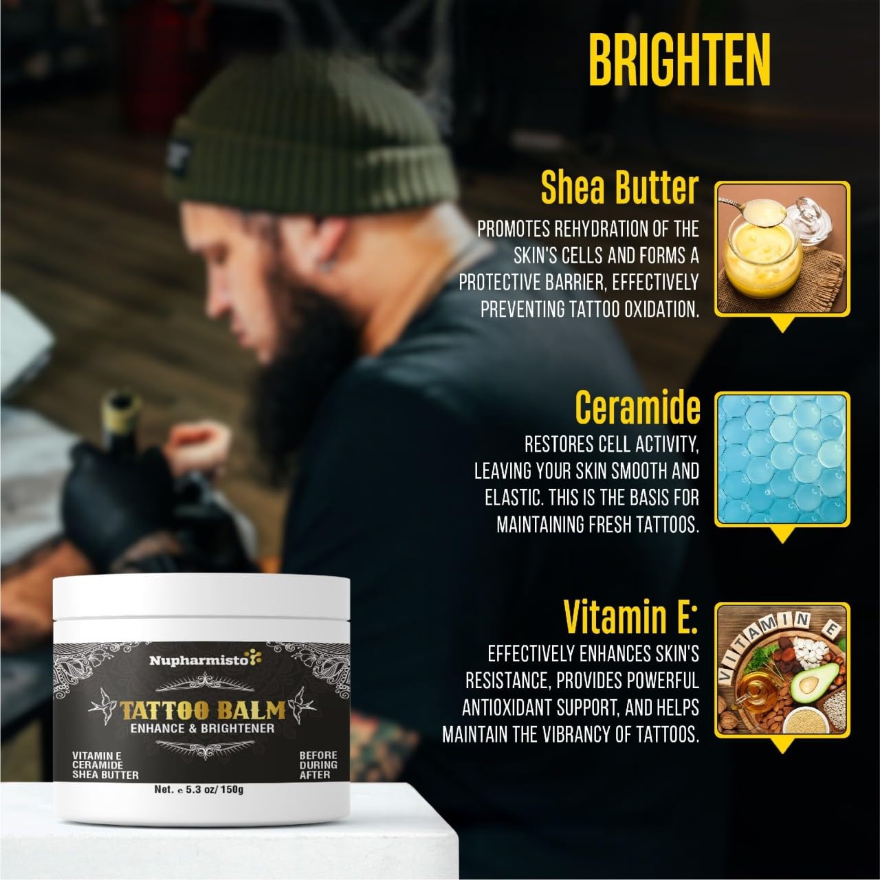 Nupharmisto balm ingredients close-up with emu oil and arnica.