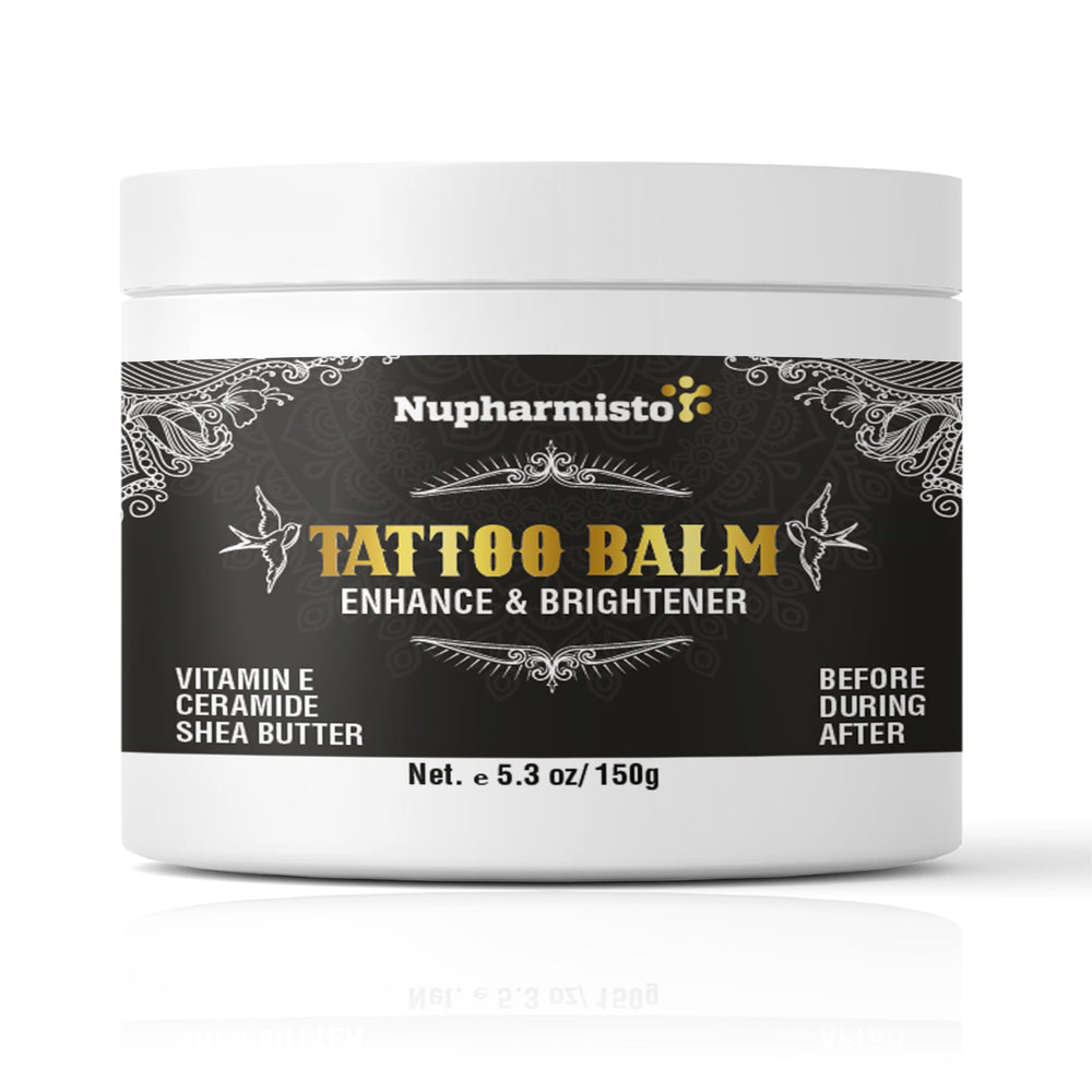 Nupharmisto Tattoo Aftercare Balm jar close-up for vibrant ink preservation.