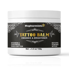 Nupharmisto Tattoo Aftercare Balm jar close-up for vibrant ink preservation.