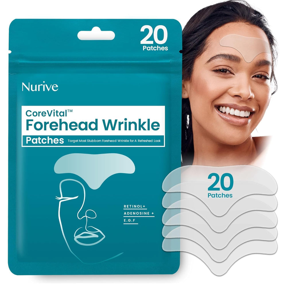 Nurive Advanced Wrinkle Patches on the forehead for overnight smoothing.