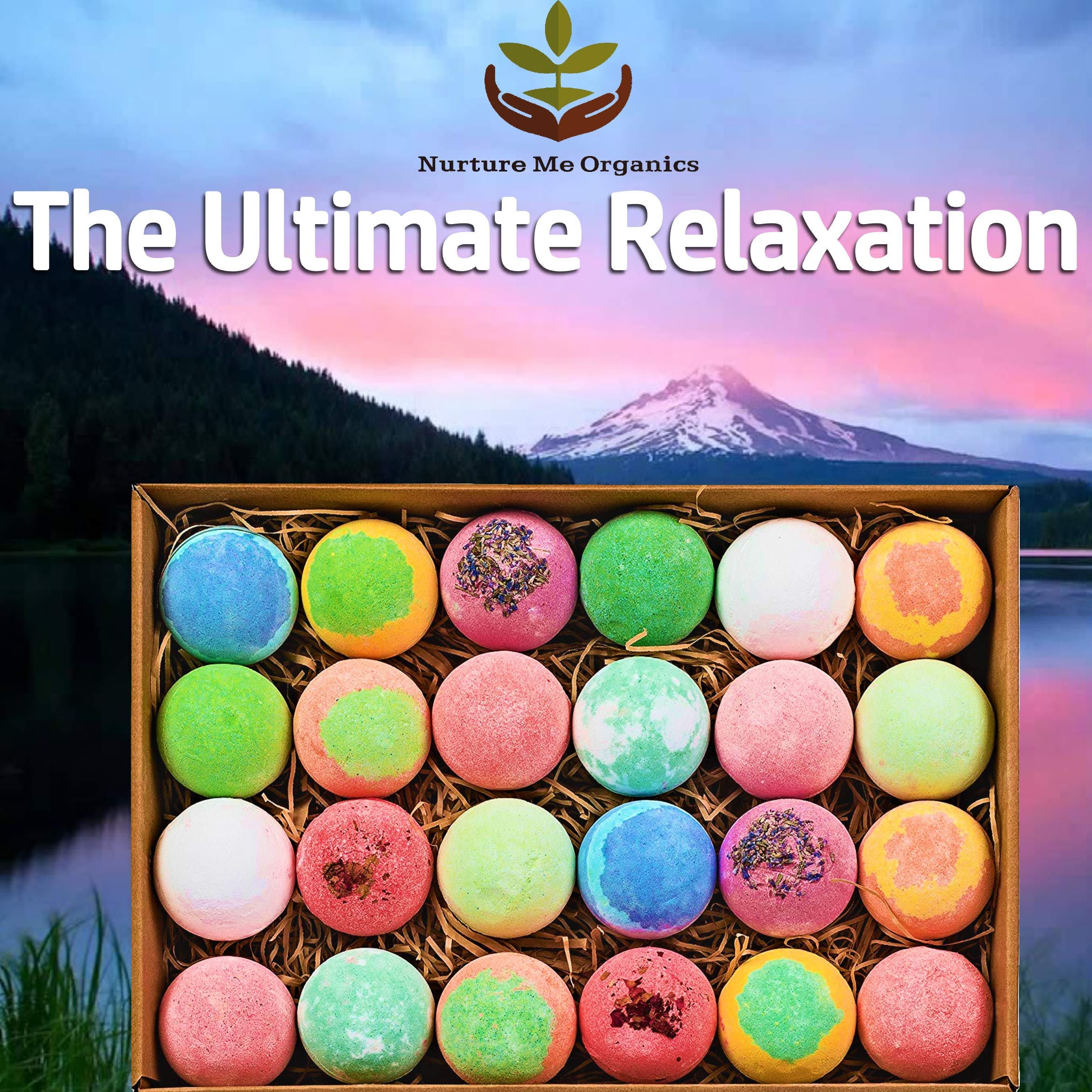 Nurture Me Organics bath bombs with shea butter for soft, hydrated skin.