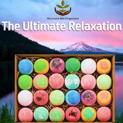 Nurture Me Organics bath bombs with shea butter for soft, hydrated skin.