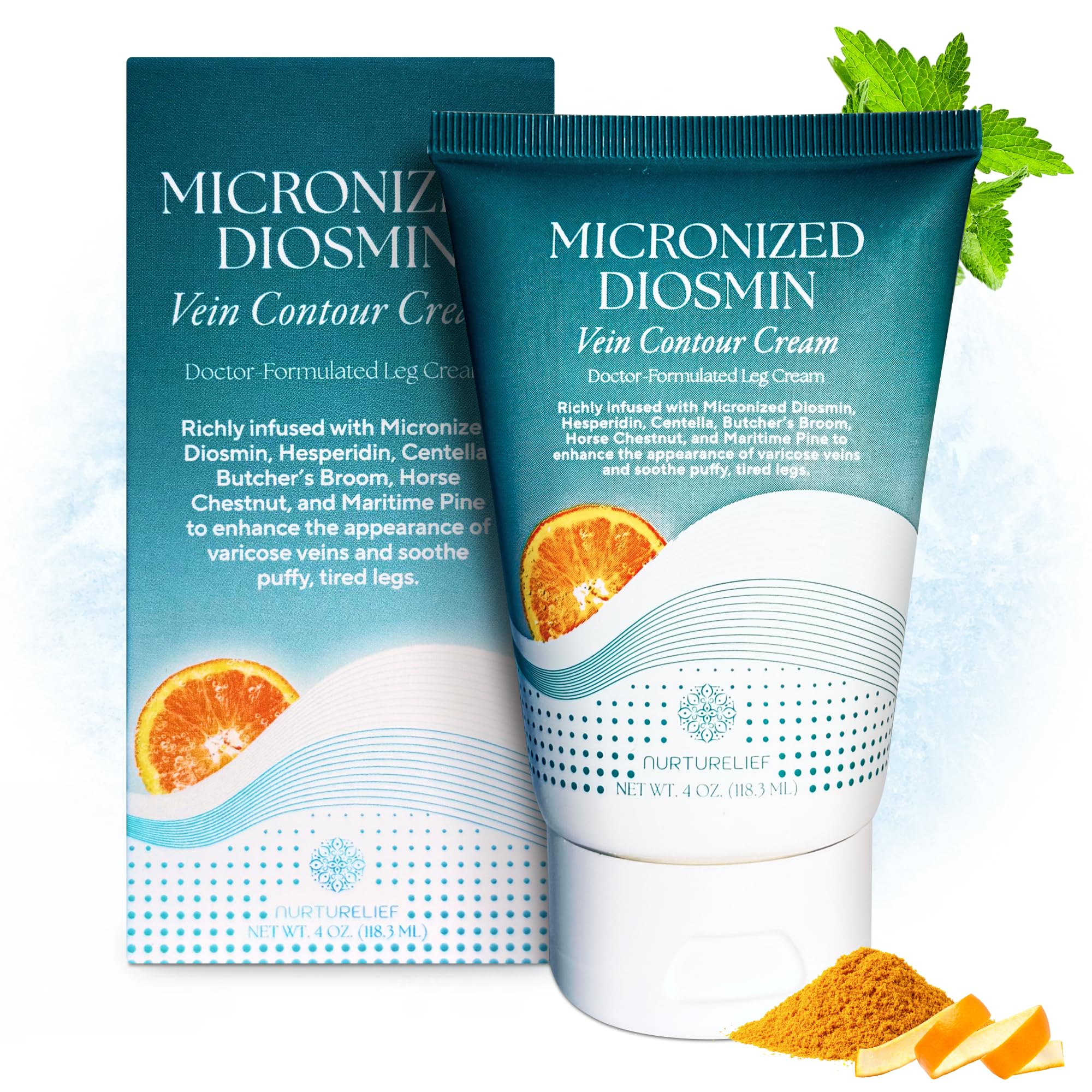 Nurturelief Micronized Diosmin Cream bottle shown for cooling leg care.