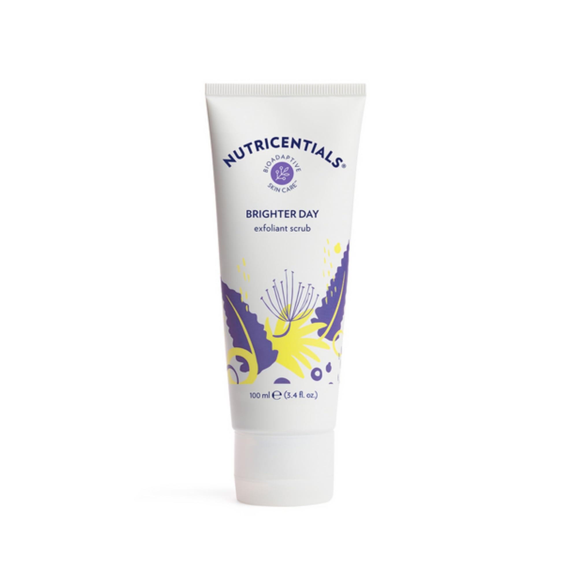 Nu Skin Brighter Day Exfoliant Scrub with pomegranate enzymes on a spa surface for a gentle glow.