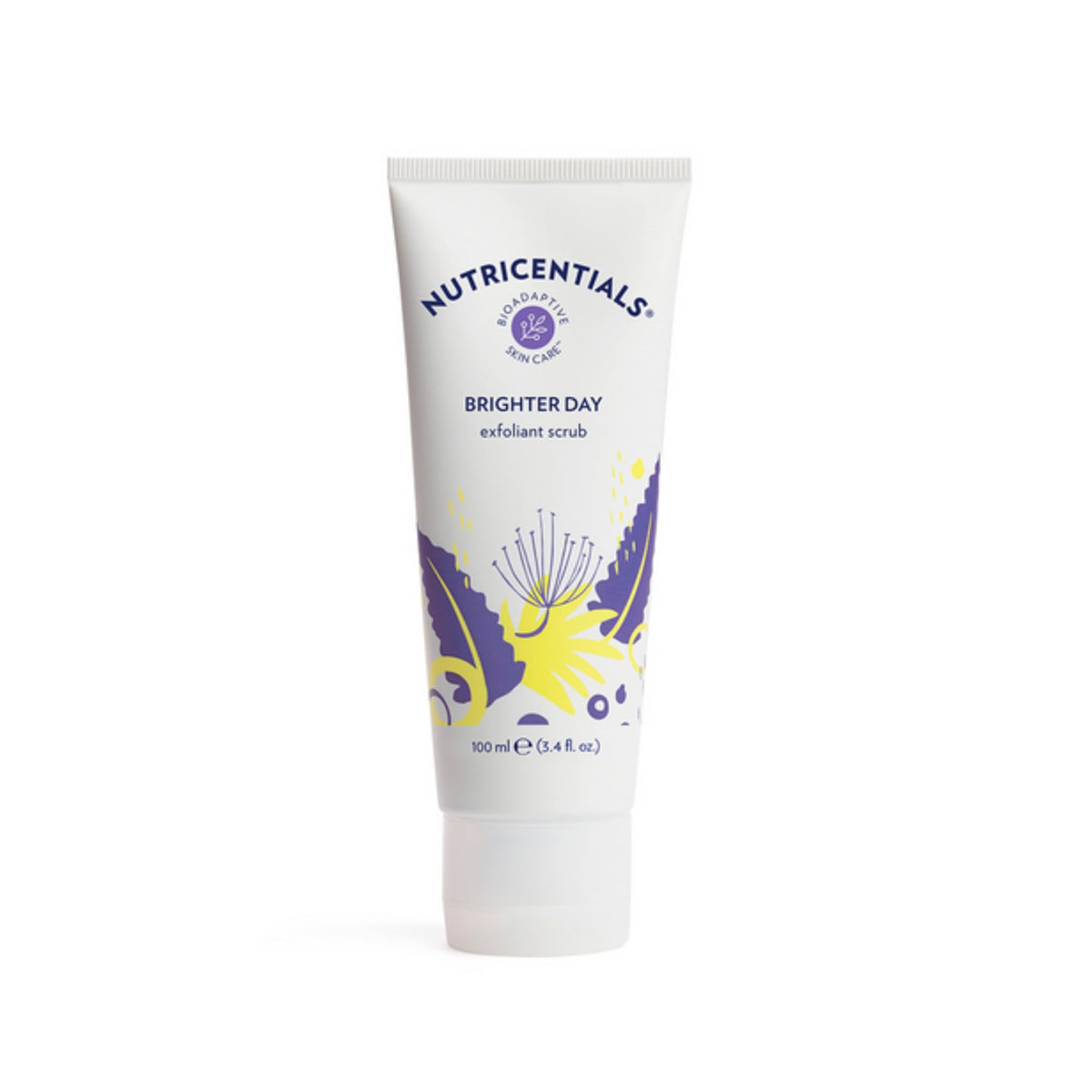 Nu Skin Brighter Day Exfoliant Scrub with pomegranate enzymes on a spa surface for a gentle glow.