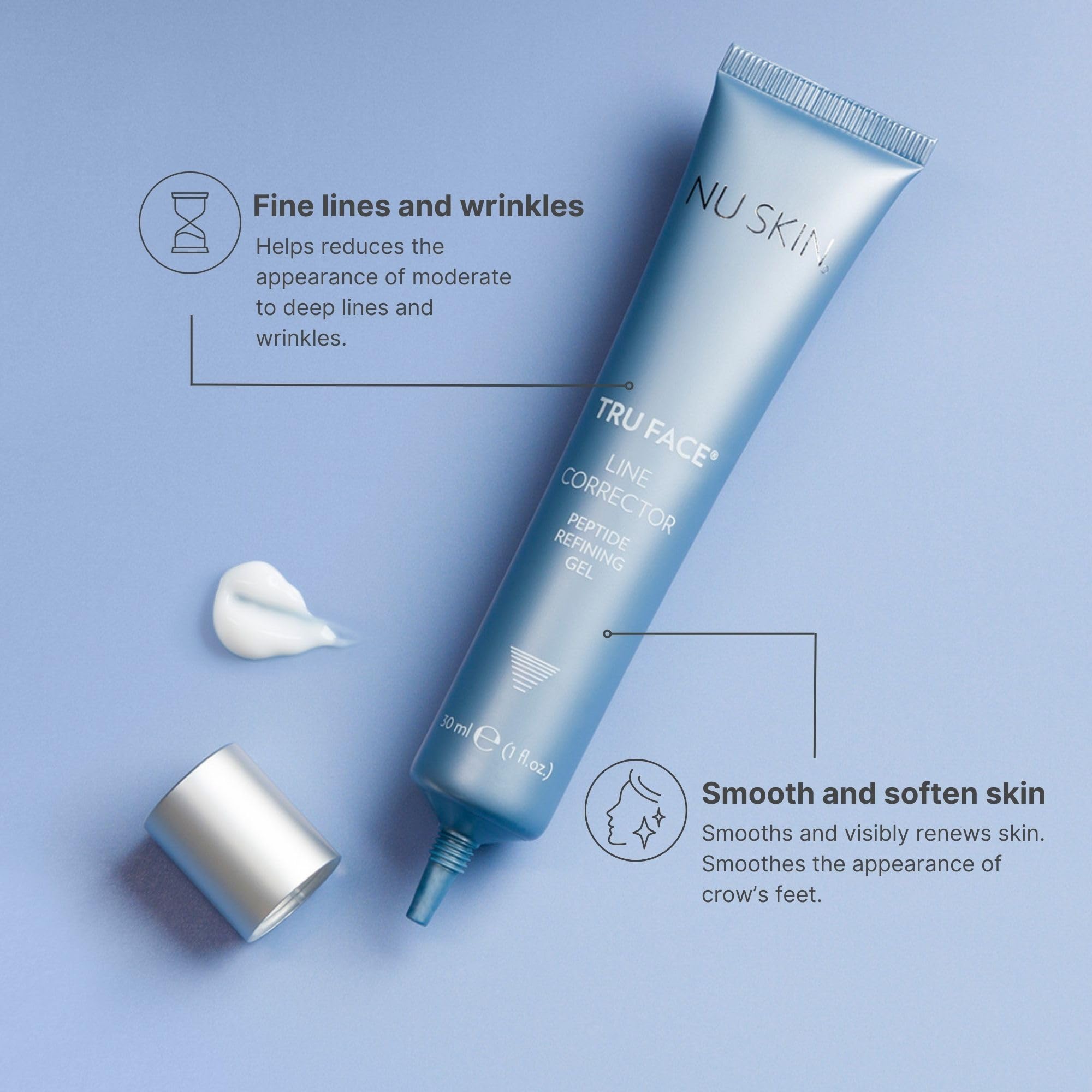 NuSkin Tru Face Line Corrector cream texture close-up highlights peptide formula for fine lines.