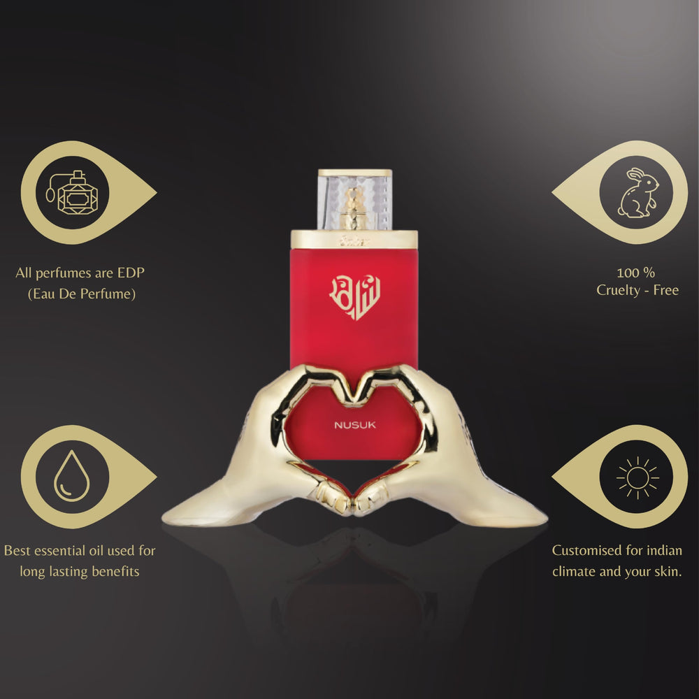 Nusuk Saher EDP rose-jasmine-heart close-up signals refined floral core.