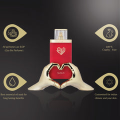 Nusuk Saher EDP rose-jasmine-heart close-up signals refined floral core.