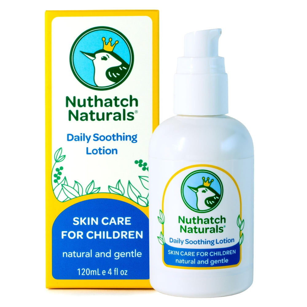 Nuthatch Naturals Kids Lotion bottle with pump for daily gentle moisture.