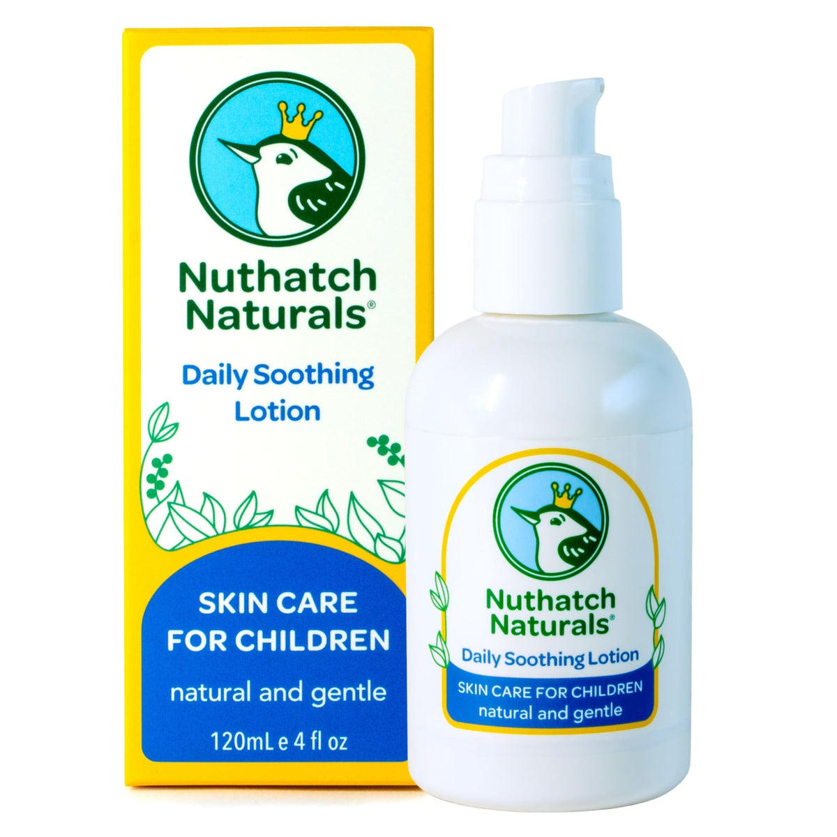 Nuthatch Naturals Kids Lotion bottle with pump for daily gentle moisture.