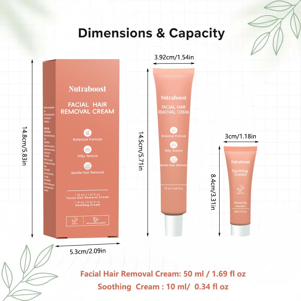 Nutraboost facial hair removal cream applied on upper lip for quick, gentle use.