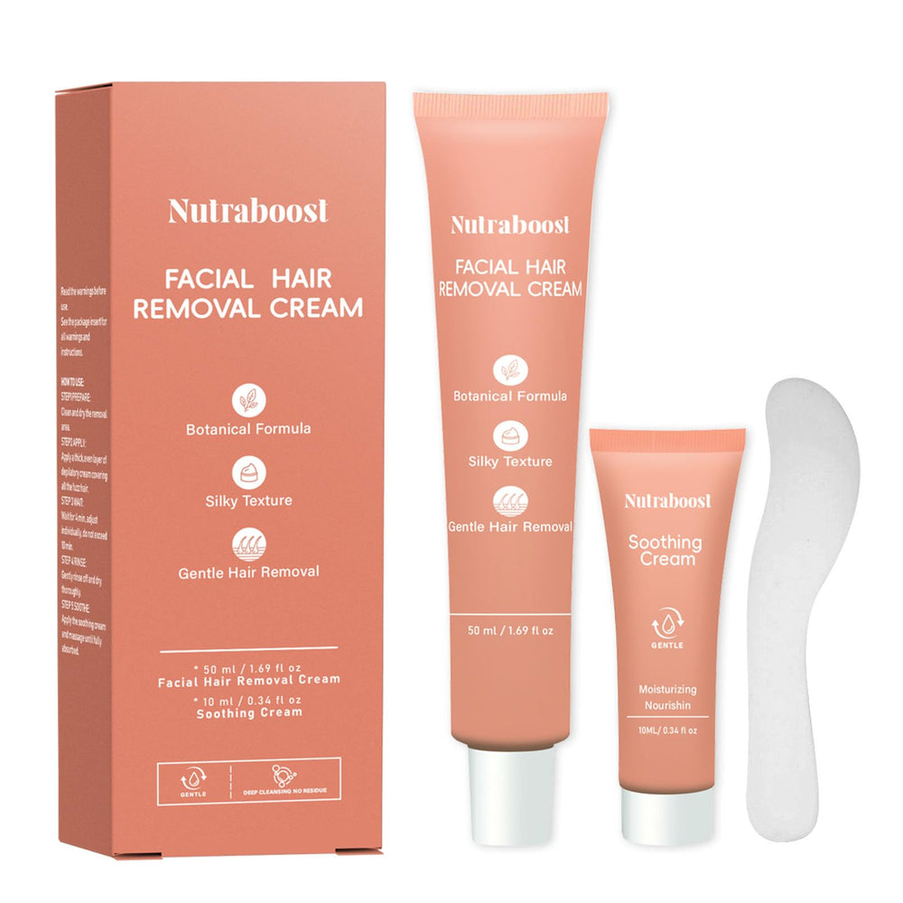 Nutraboost facial hair removal kit packaging highlights a gentle, plant-based formula.