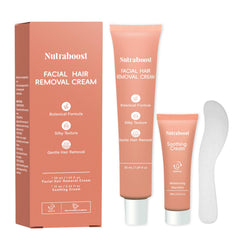 Nutraboost facial hair removal kit packaging highlights a gentle, plant-based formula.