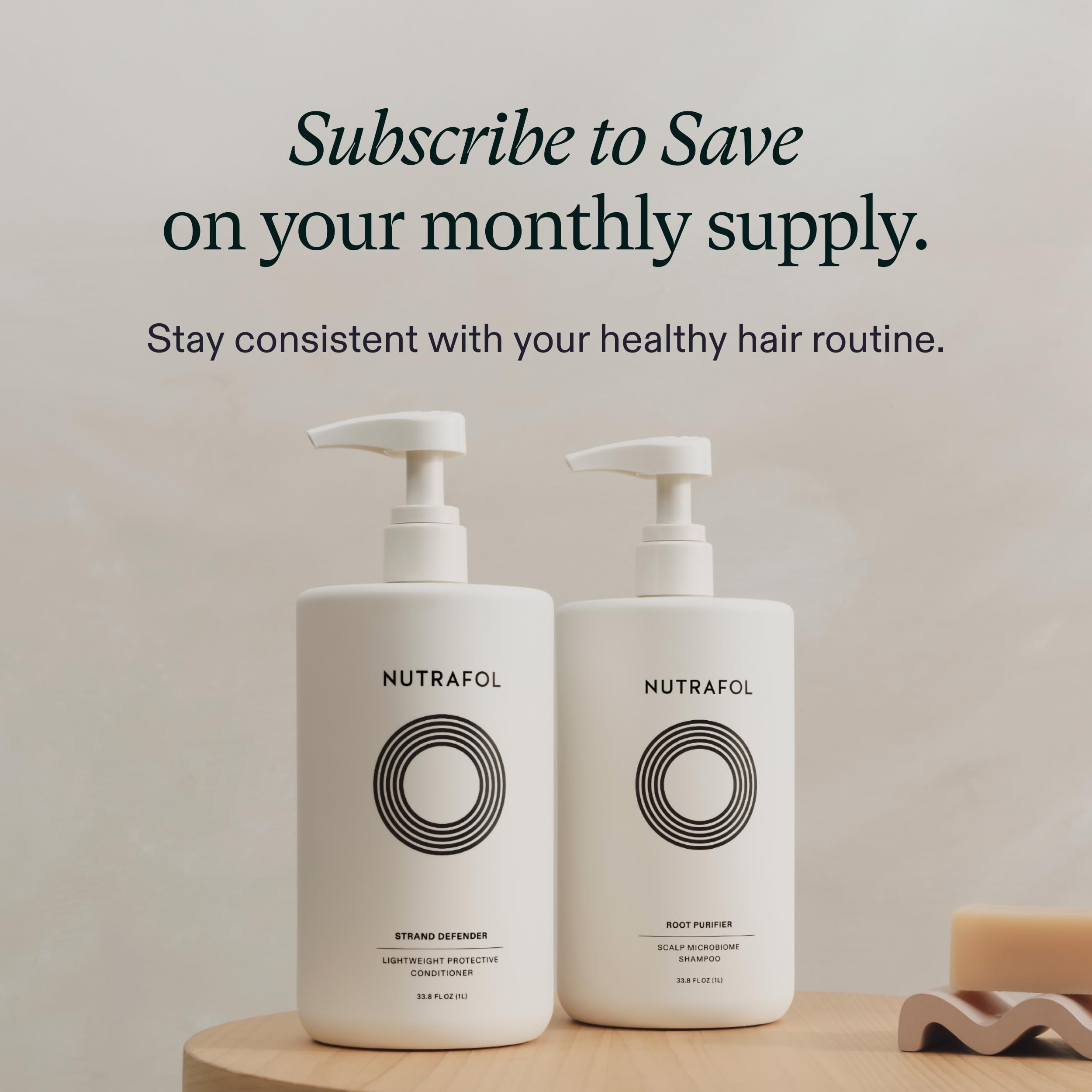 Nutrafol Conditioner and shampoo pairing on bathroom shelf.