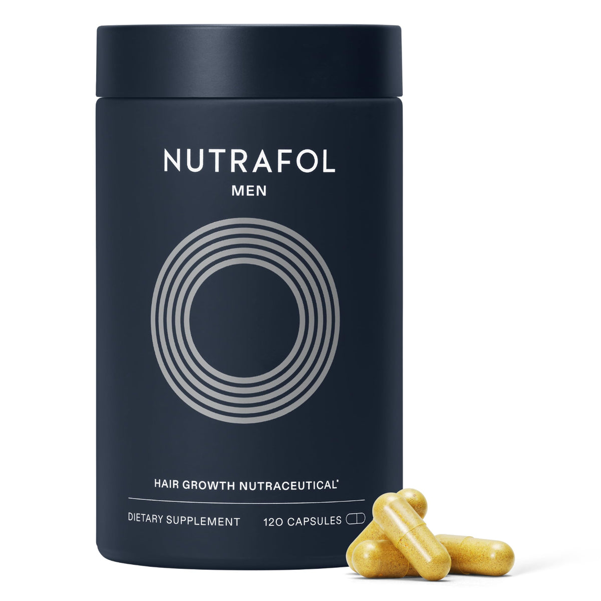 Nutrafol Men bottle front view highlighting premium packaging for daily hair wellness support