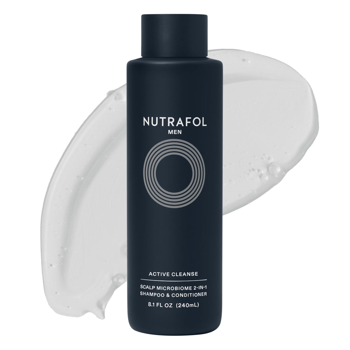 Nutrafol Men’s 2-in-1 bottle pour, showing sulfate-free daily cleansing.