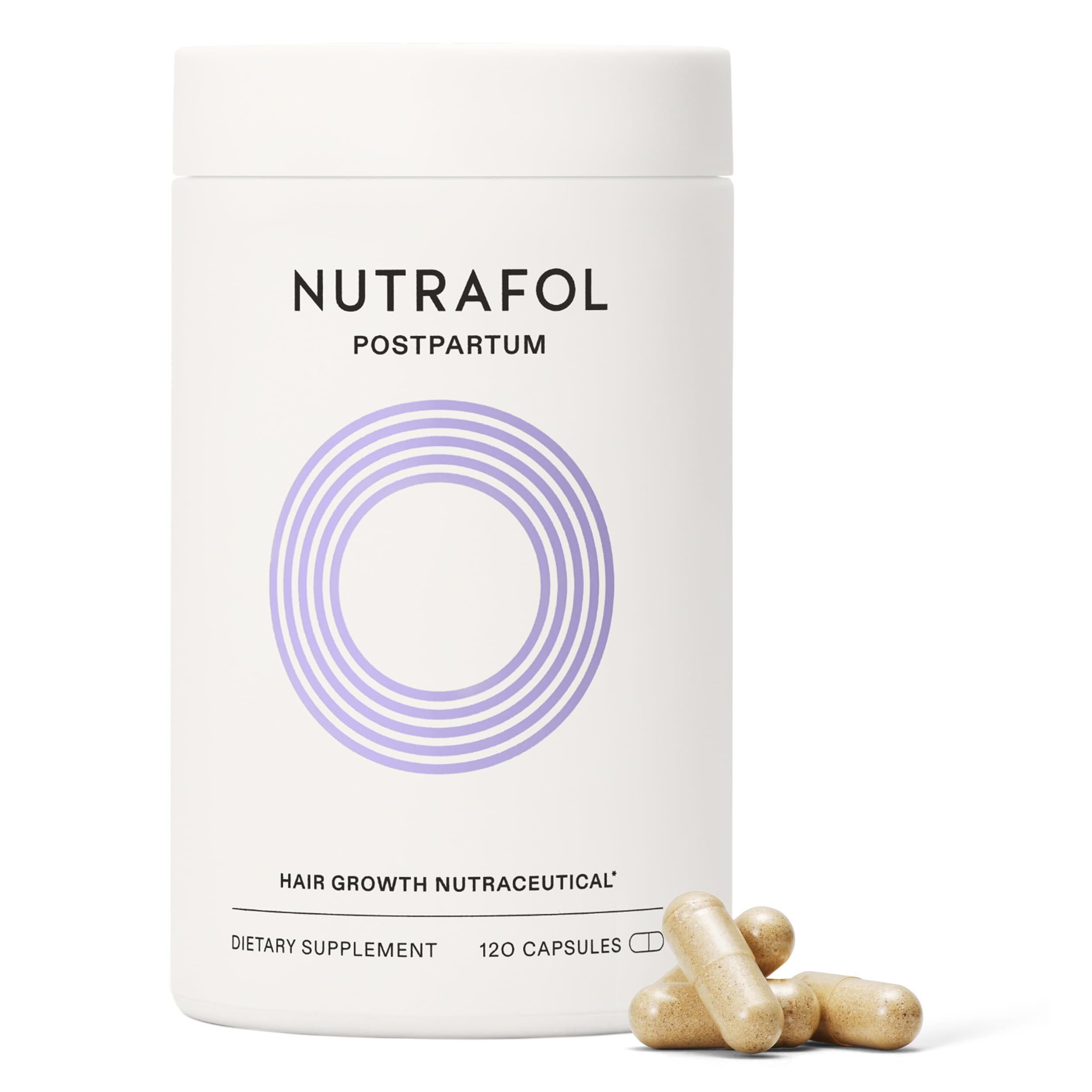 Nutrafol Postpartum bottle-front image showing packaging for new moms and hair support