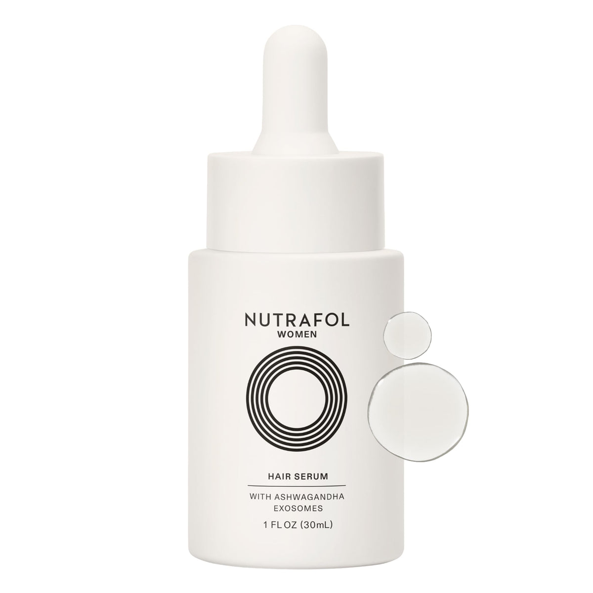 Nutrafol Women's Hair Serum bottle on a clean surface for daily scalp nourishment.