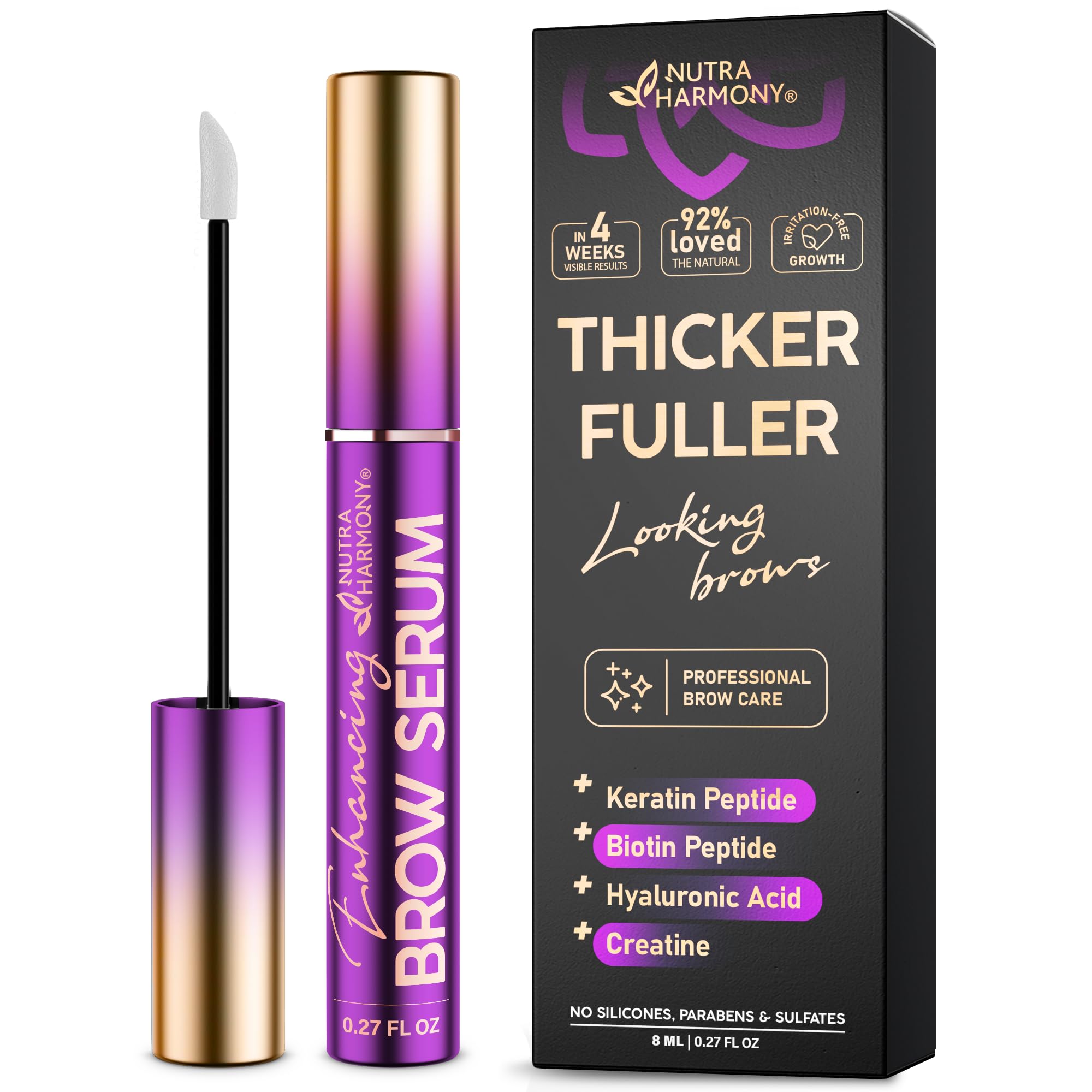 NutraHarmony brow serum bottle for daily growth support.
