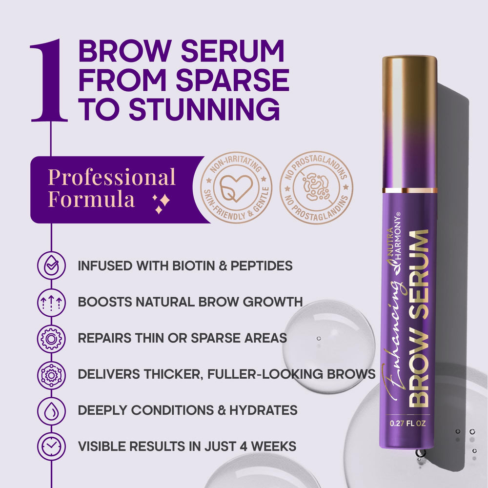 NutraHarmony brow serum brush applying product for precise shaping.