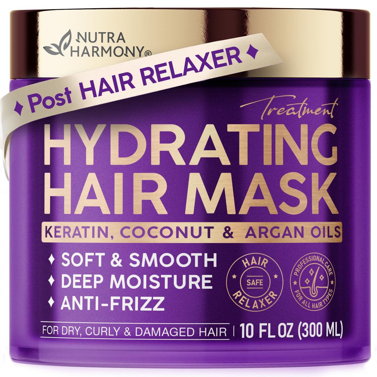 NutraHarmony Hydrating Hair Mask bottle close-up for silky, frizz-free hair