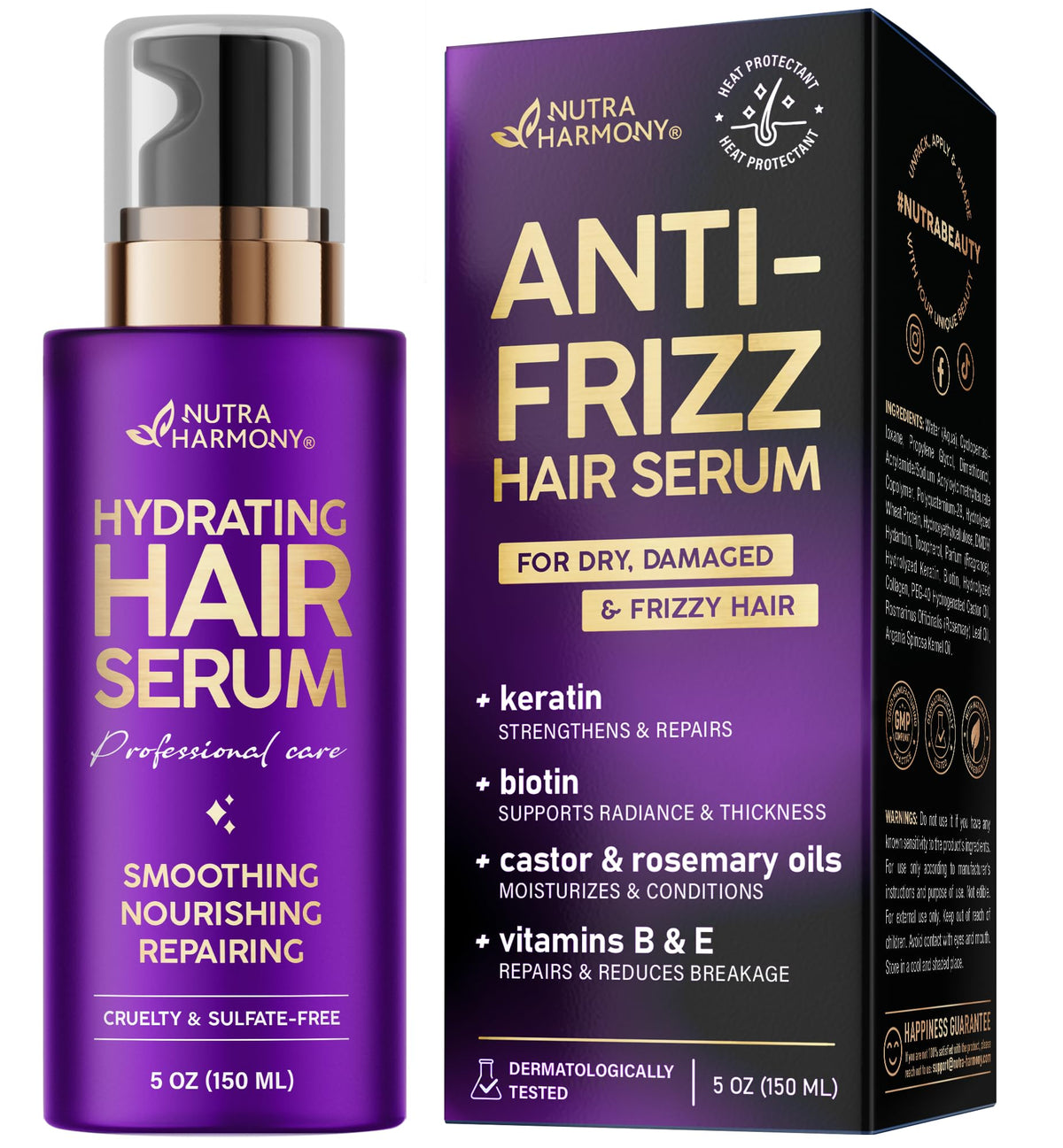 NutraHarmony hydrating hair serum bottle for smooth, frizz control.