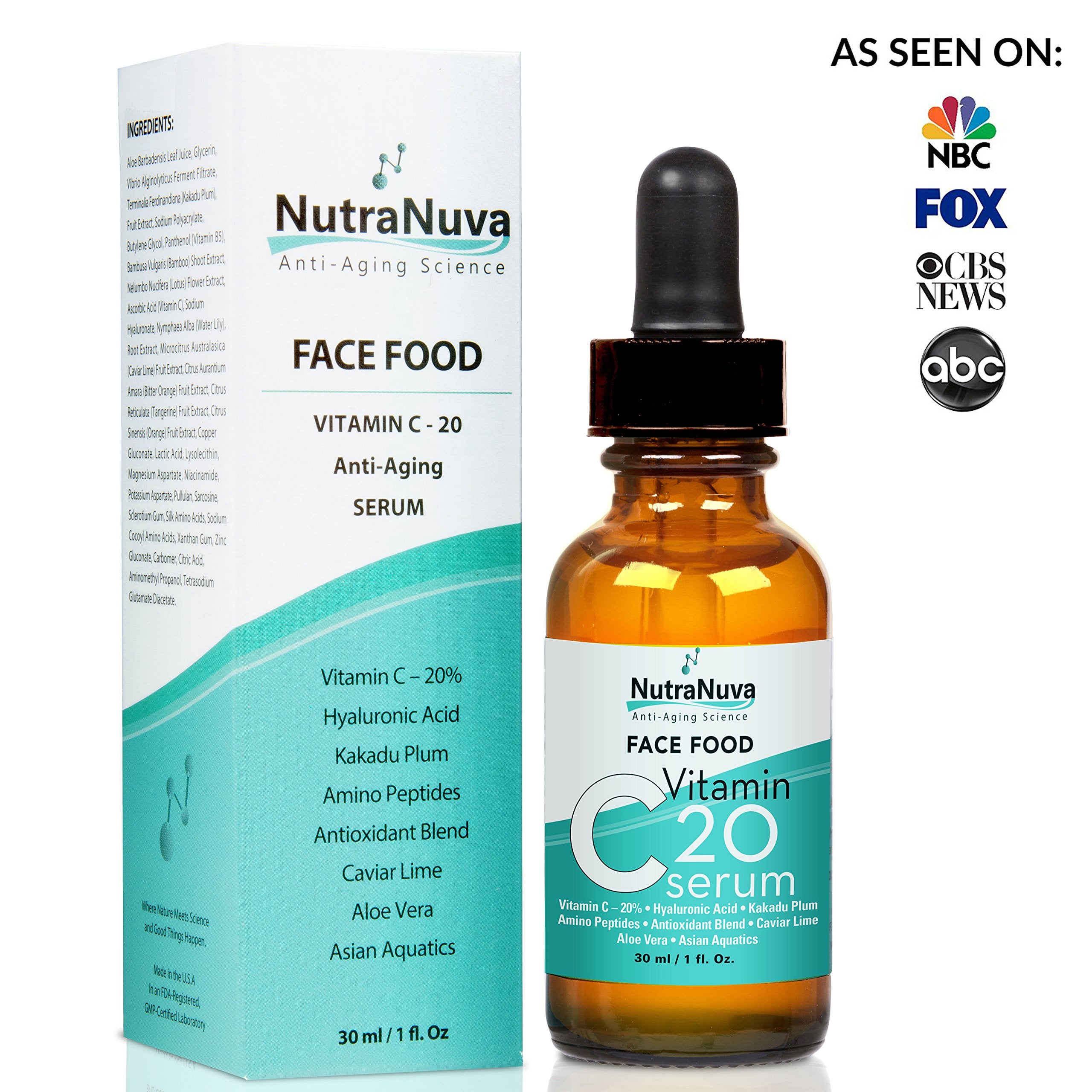 NutraNuva Face Food Serum ingredients include Kakadu plum and hyaluronic acid for hydration.
