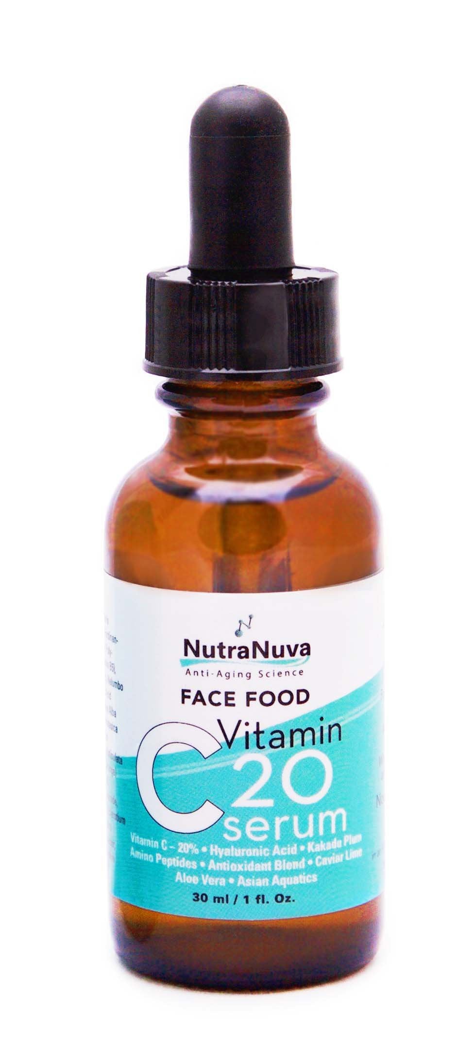 NutraNuva Face Food packaging highlights vegan formula and eco-conscious design.