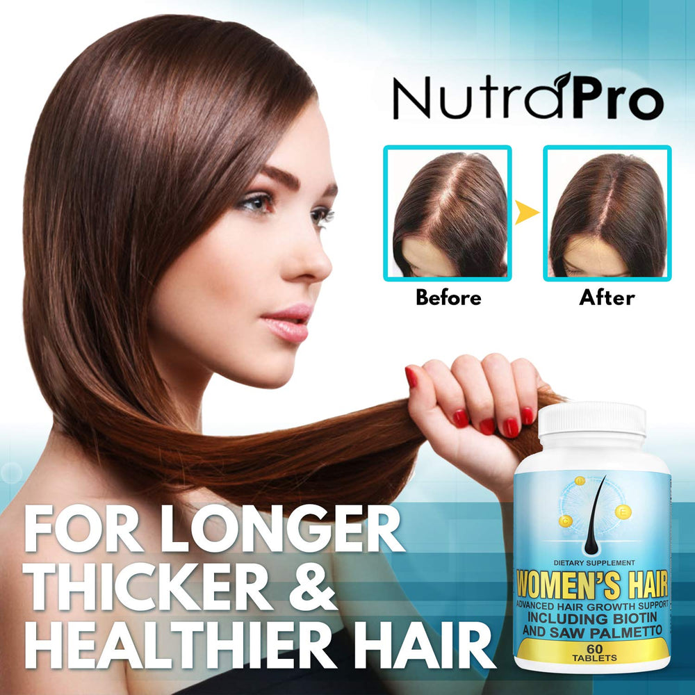 NutraPro Hair Growth Pills label highlights biotin and saw palmetto for nourished strands.