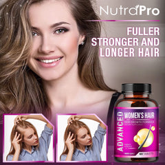Closeup of NutraPro hair growth pills highlighting biotin and saw palmetto for daily nourishment.
